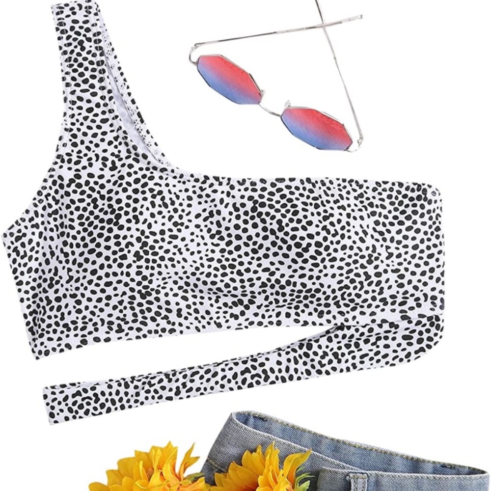 Black and white Dalmatian print cut out one shoulder bikini top